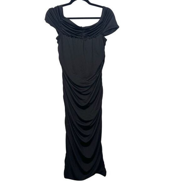 Nordstrom Rack Off The Shoulder Ruched Stretch Black Bodycon Dress Size Medium - Picture 3 of 4